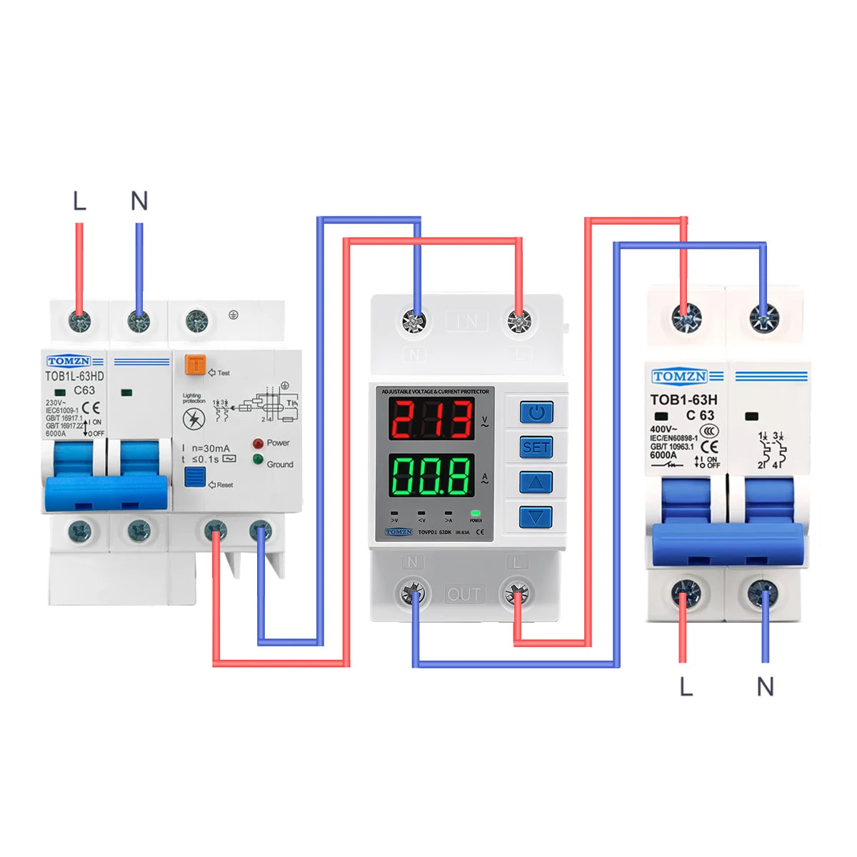 TOMZN TOVPD1-63DK Isolate L N 110V 230V AC Din Rail OVP OCP UVP Voltage Protector 63A Relay Automatic Adjustable Delay-ON