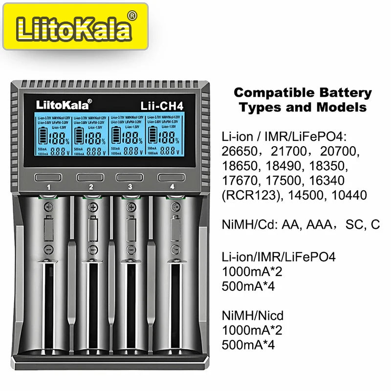 LiitoKala Lii-CH4 Smart Charger for 18650/21700/26650/AA/AAA/Ni-MH/Li-ion,1.2V/1.5V 4-Slot Fast Charge, USB-C, Auto Detect