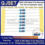 50pcs 1/2W Metal Film Resistors 1% 0.5W 10R 15R 47 100 200 220 470 510 Ohm 1K 2.2K 4.7K 10K 47K 100k 200k 220k 510k 470k 1M Ohms
