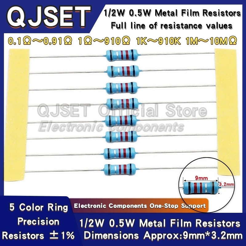 50pcs 1/2W Metal Film Resistors 1% 0.5W 10R 15R 47 100 200 220 470 510 Ohm 1K 2.2K 4.7K 10K 47K 100k 200k 220k 510k 470k 1M Ohms