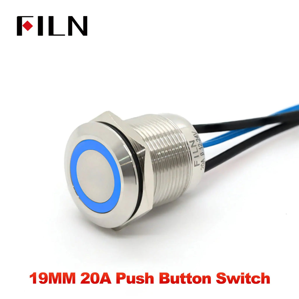 FILN 19MM 20A 12V 24V 110V 220V LATCHING MOMENTARY Flat Ring Round Push Button Switch IP66 Metal Stainless Steel  with 20cm Wire
