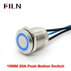 FILN 19MM 20A 12V 24V 110V 220V LATCHING MOMENTARY Flat Ring Round Push Button Switch IP66 Metal Stainless Steel  with 20cm Wire