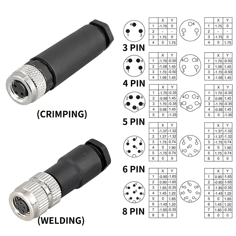 M8 Sensor Connector Waterproof Male&Female Plug Straight Angle Screw Threaded Coupling 3pin 4pin 5pin 6pin 8pin