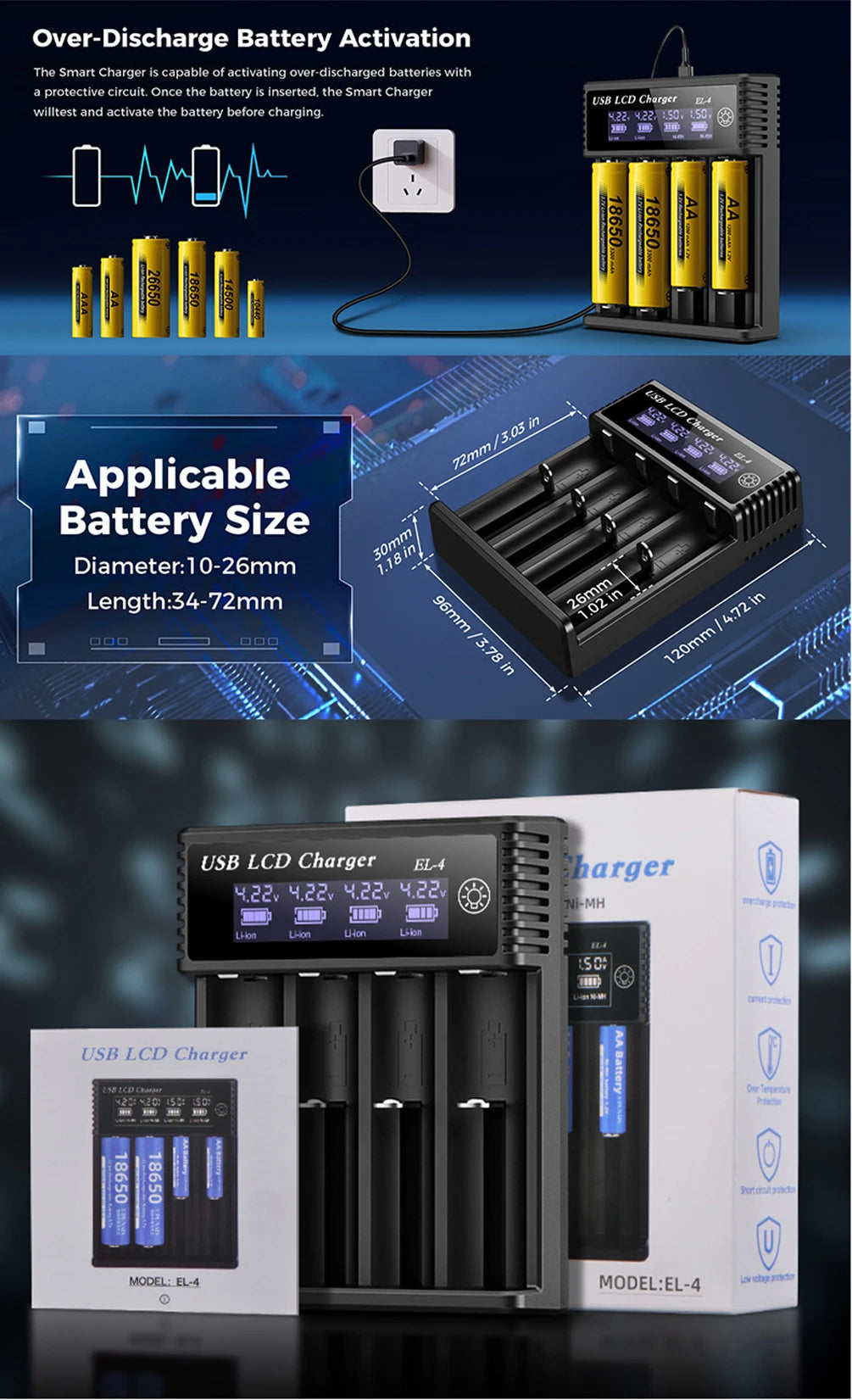USB LCD Battery Smart Charger 1/2/4 Slots Dual For 18650 3.7V Rechargeable Lithium Battery For 1.2V NI-MH AA / AAA Battery