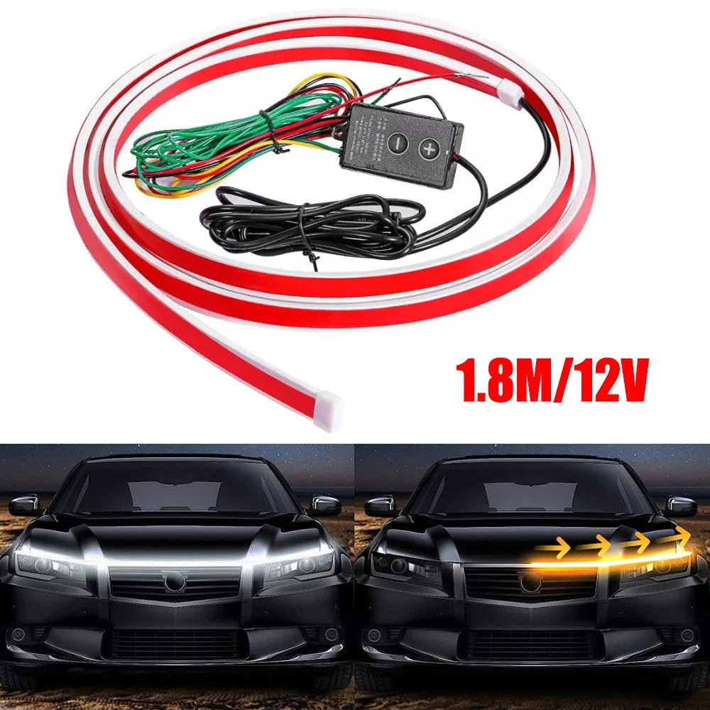 1Pc 1.8m/5.9ft Flexible Car Hood LED Meteor Strip Lights White Yellow Dynamic Scan Start Up Hoodbeam Kit For SUVs Trucks Vans