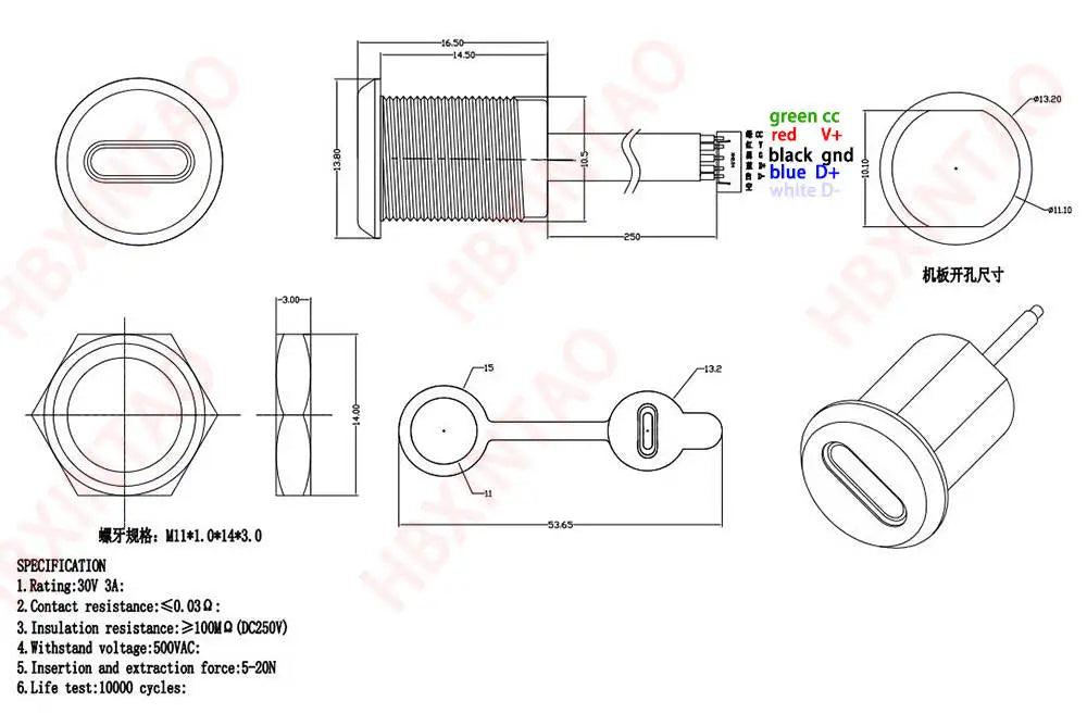 5Pin USB-C Connector With CC Pin Data Nut Snap Plate 4Pin With Wire 3A Waterproof USB Type C to PH2.0 Fast Charging Female Jack