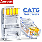 AMPCOM RJ45 Modular Plug, CAT5E CAT6 Pass Through Network Connectors UTP 3/50μ Gold-Plated 8P8C Crimp End for Ethernet Cable