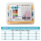300/600PCS 1/4w Metal Film Resistor 30 Values Resistance Kit 10R-1M 0.25W 1% Resistors Set