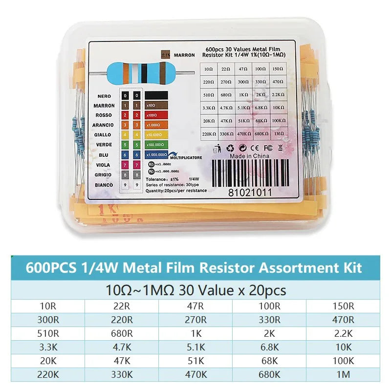 300/600PCS 1/4w Metal Film Resistor 30 Values Resistance Kit 10R-1M 0.25W 1% Resistors Set