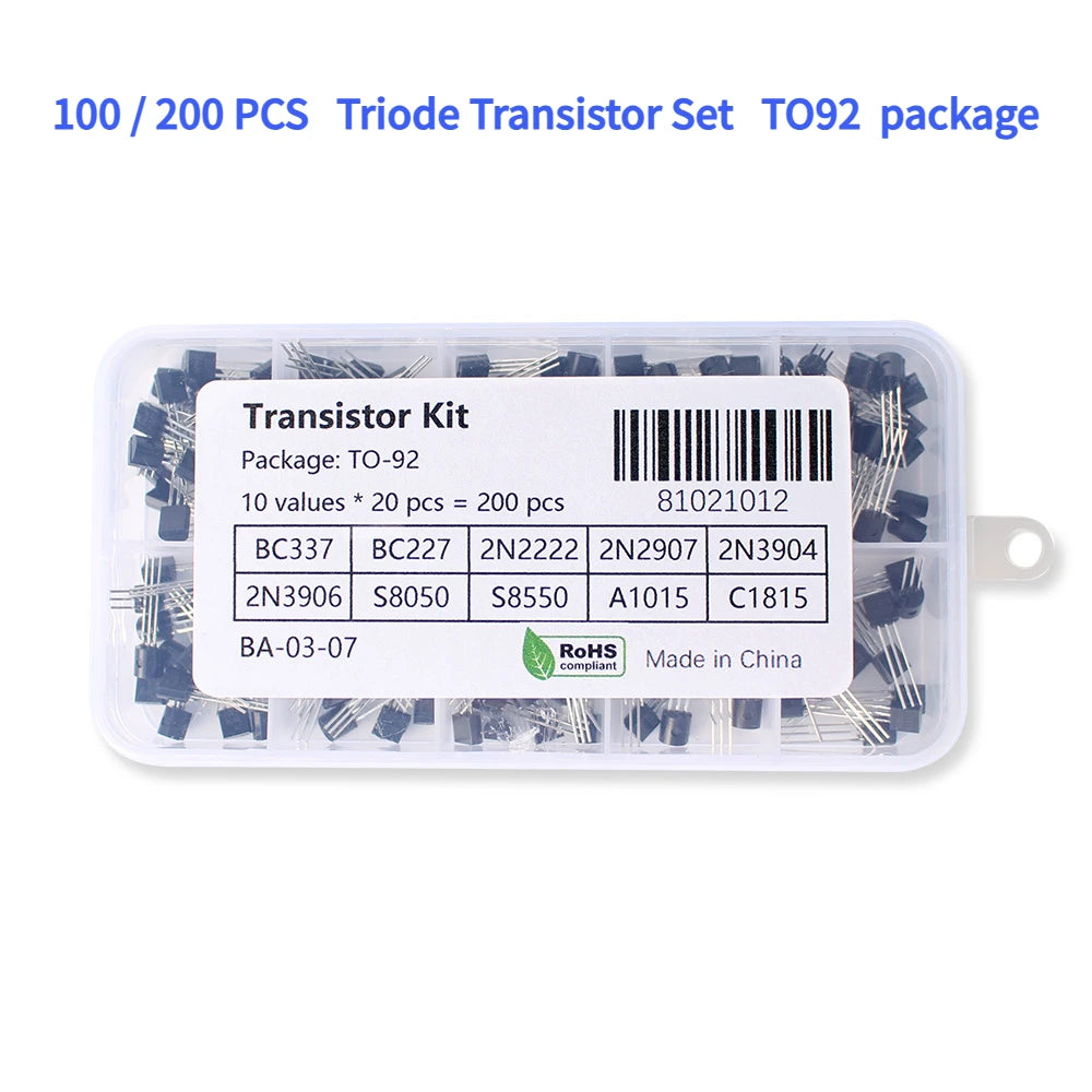 100/200PCS Triode Transistor Set BC337 BC327 2N2222 2N2907 2N3904 2N3906 S8050 S8550 A1015 C1815 TO92 PNP NPN Transistors kit