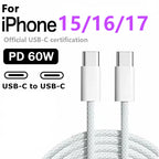 60W Type C to Type C Cable Data Line For Iphone 15 16 17 Samsung Xiaomi Fast Charging USB C to C Cable Type C Data Charger 1m2m