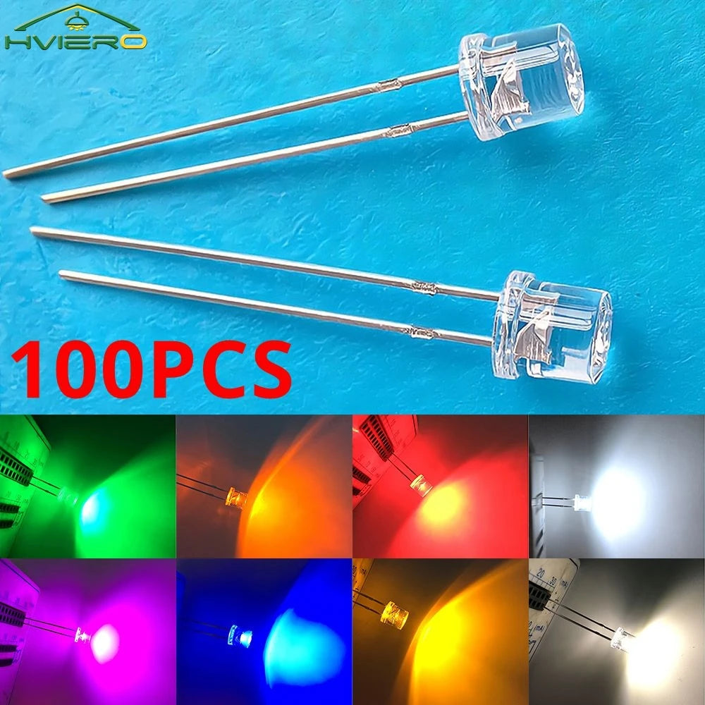 100pcs 5mm Flat Top White Red Yellow Blue Green Emitting Diode LED Wide Angle Ultra Bright Bulbs F5 5mm Light Lamp Diodes