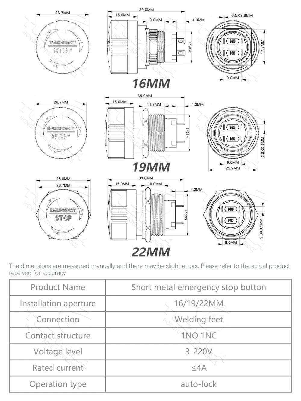 16/19/22mm Metal Emergency Stop Button Switch Stainless Steel Anti-slip Waterproof Mushroom Head Rotation Reset PTEN ﻿
