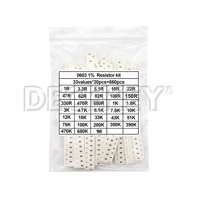 1206 0805 0603 0402 0201 SMD Resistor 1Ohm-1M ohm Sample Assorted Kit 1% 33valuesX 20pcs=660pcs
