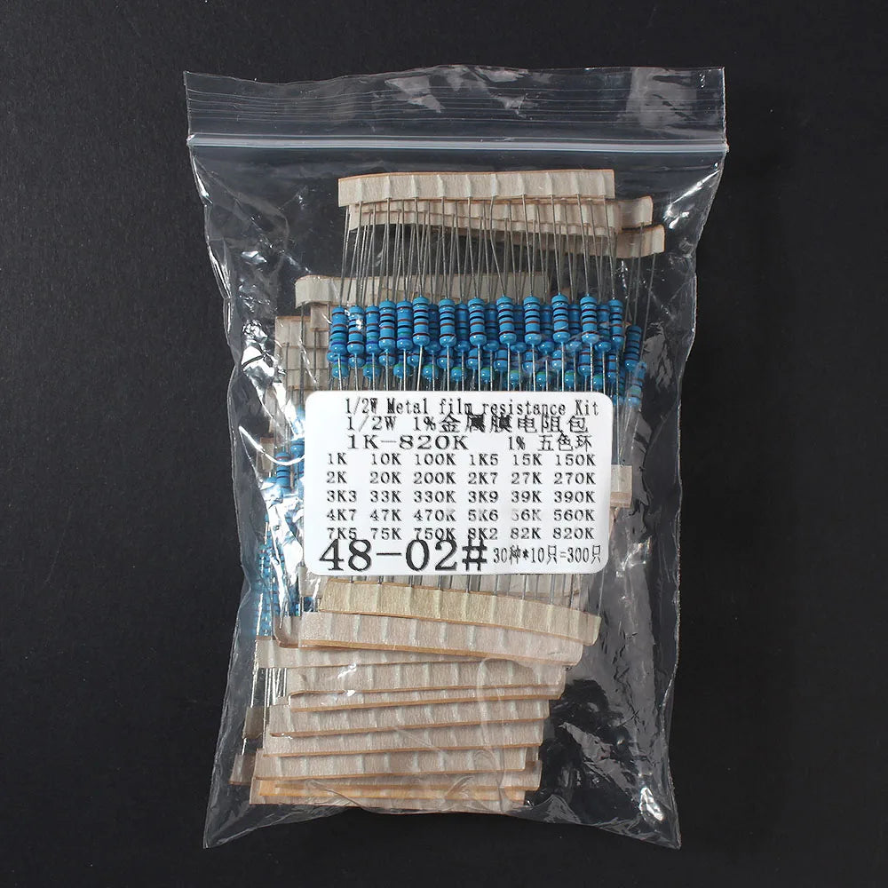 300PCS Metal Film Resistor Set 1/2W 1W 30 Values 0.1R~750R 1K~820K High Precision 1% Assortment Kit for Electronics Repair