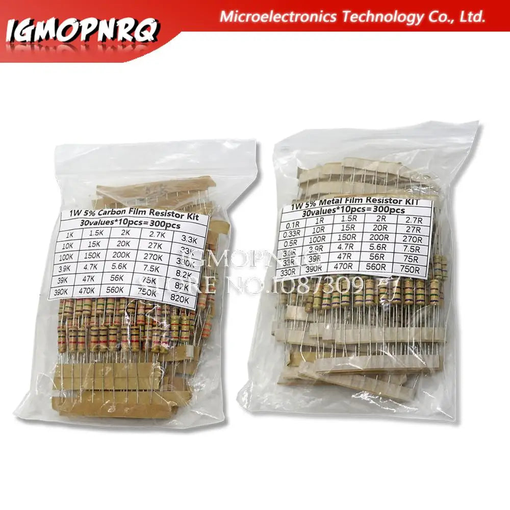150PCS 300PCS Resistor Kit 1W 2W 3W 5W 5% 30Kinds X 10PCS Carbon Film Resistance 0.1-750 ohm Set 1k-820K 30Kinds X 5PCS hjxrhgal