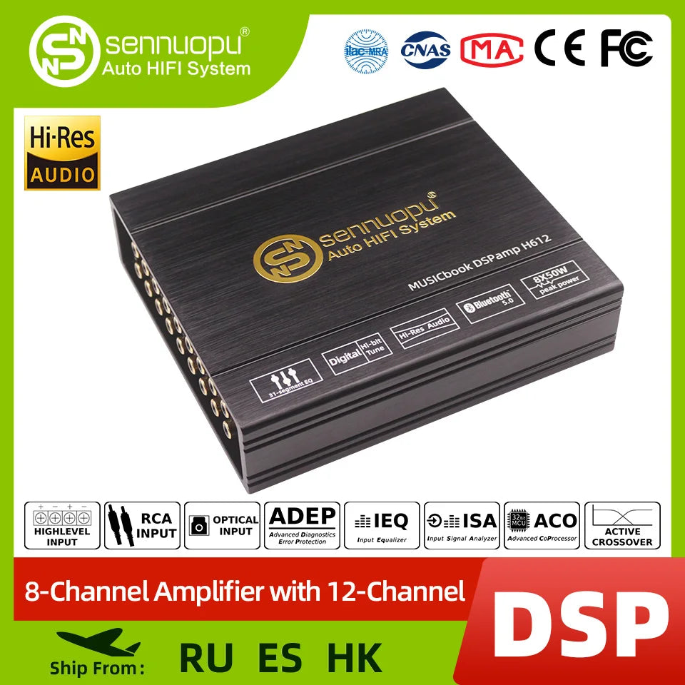 Sennuopu 12 Channels Digital Sound Processors DSP 8 Channels 50 Watts RMS Power Audio Amplifier with Bluetooth Player H612