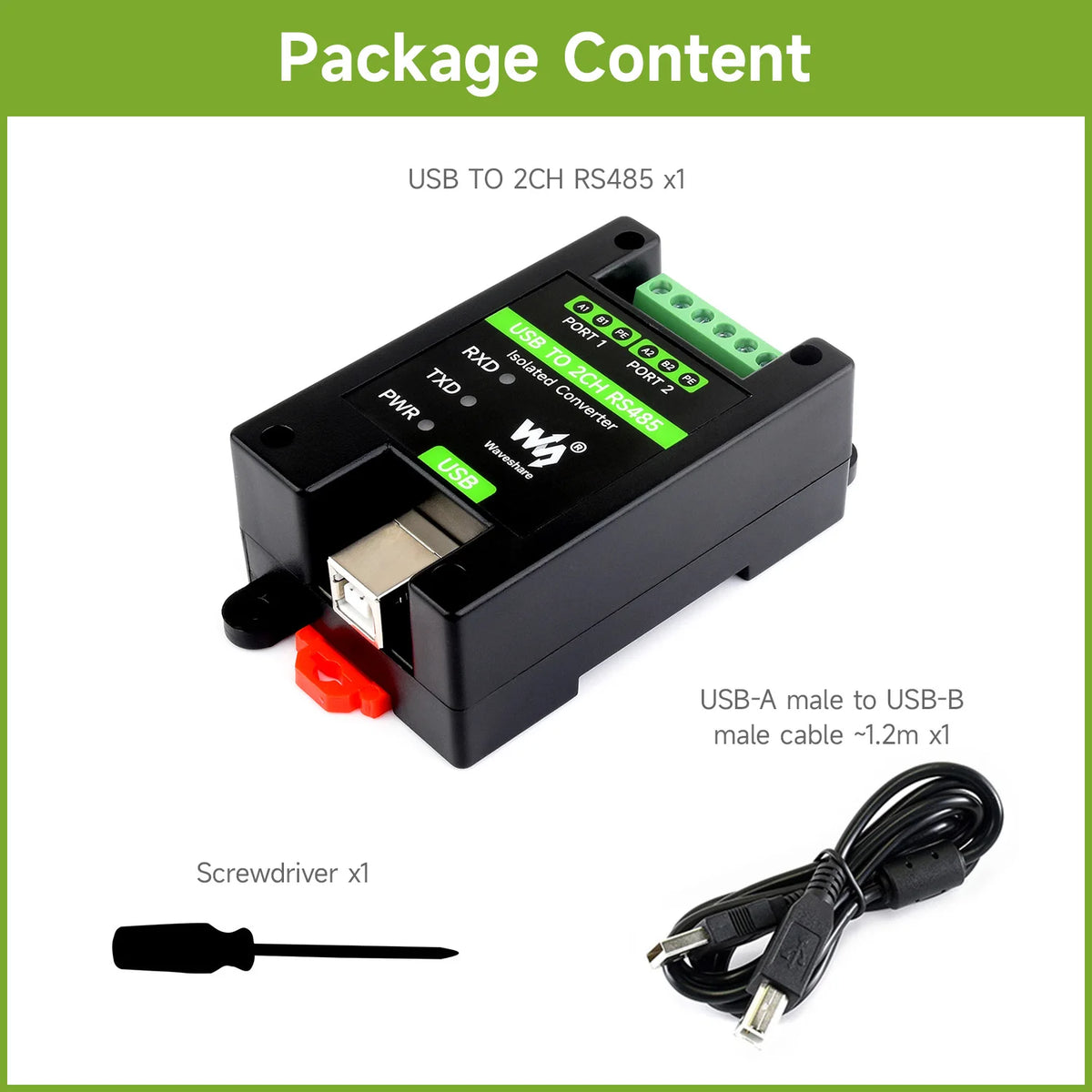 Waveshare USB TO 2CH RS485 Industrial Grade Isolated Converter, USB To RS485 Adapter,Wall-mount and Rail-Mount Support