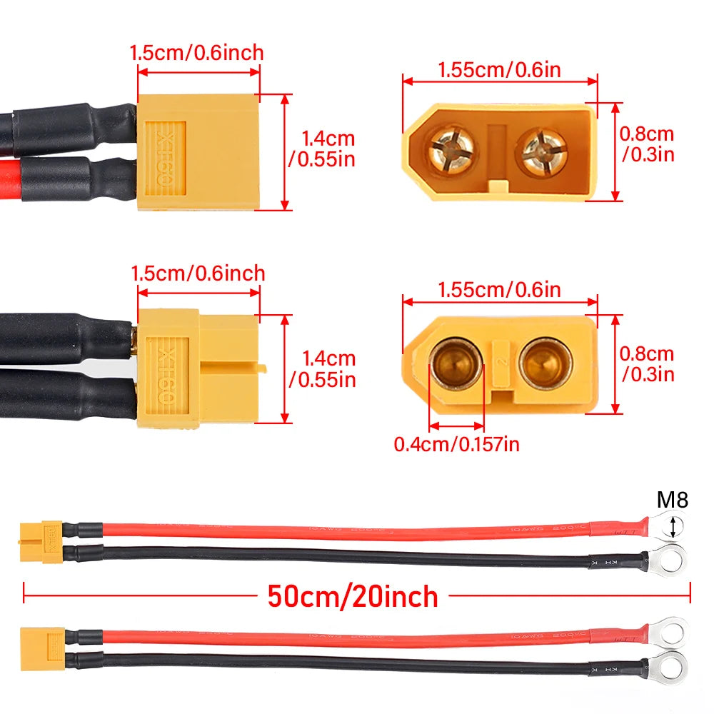 XT60 Female Male Head Turn M8 SC Tinned Copper Terminals 10AWG 50cm for Car and Ship Battery Solar Panel Connection Cable
