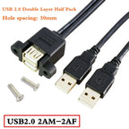Motherboard 9-Pin to Dual Port USB 2.0 A Female With Ear Screw Hole Panel Data Extension Cable DuPont 2.0/2.54mm 9Pin Terminal