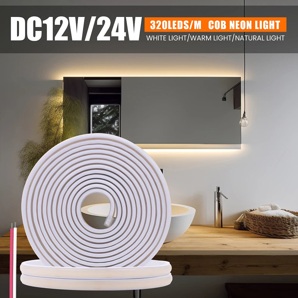 12V 24V COB LED Neon Strip Light IP68 Waterproof 320LEDs/m 2PIN Wire DC Plug 3000K 4000K 6000K Flexible Tape Rome Lighting 0.5m