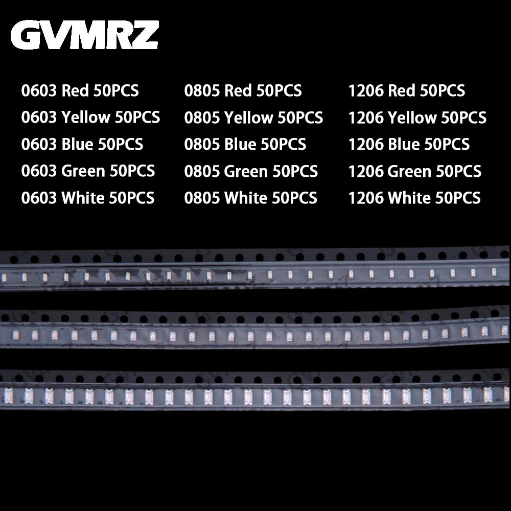 15Values 750PCS 0603 0805 1206 Red Yellow Blue Green White SMD LED Chips Light Emitting Diodes