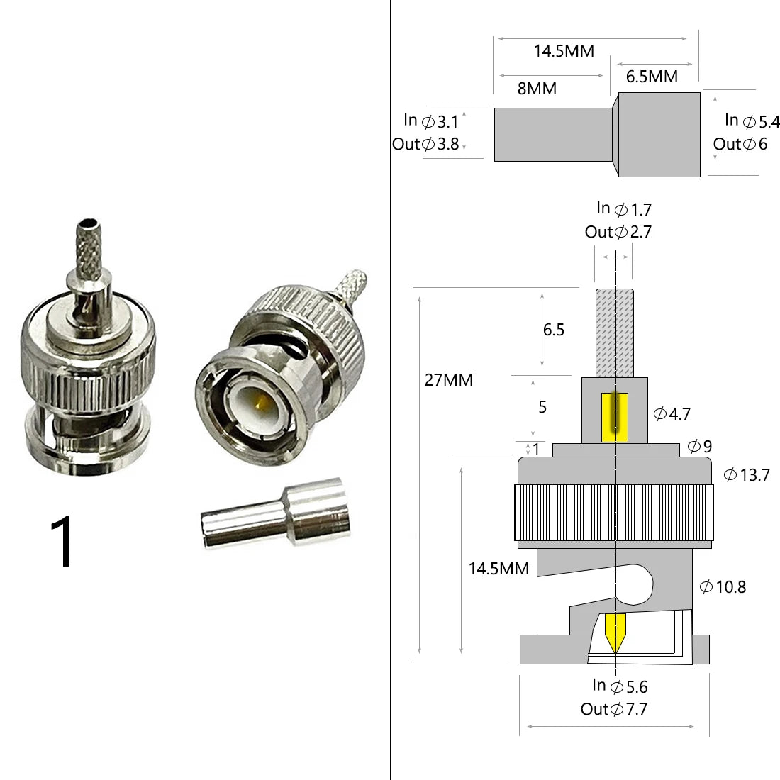 1-4PC BNC Male Female Plug Jack RF Coax Connector Crimp for RG316 RG174 RG58 RG142 Cable Copper Nickelplated With Drawing NEW