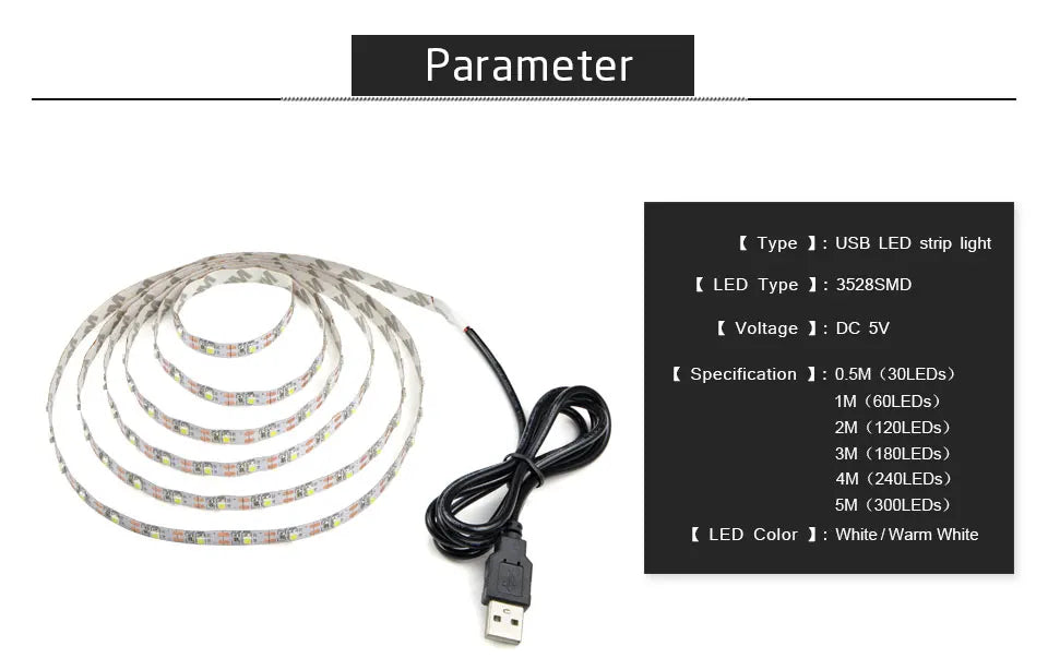 5V 1M 2M 3M 4M 5M USB Cable Power LED strip light lamp SMD 3528 Christmas desk Decor lamp tape For TV Background Lighting