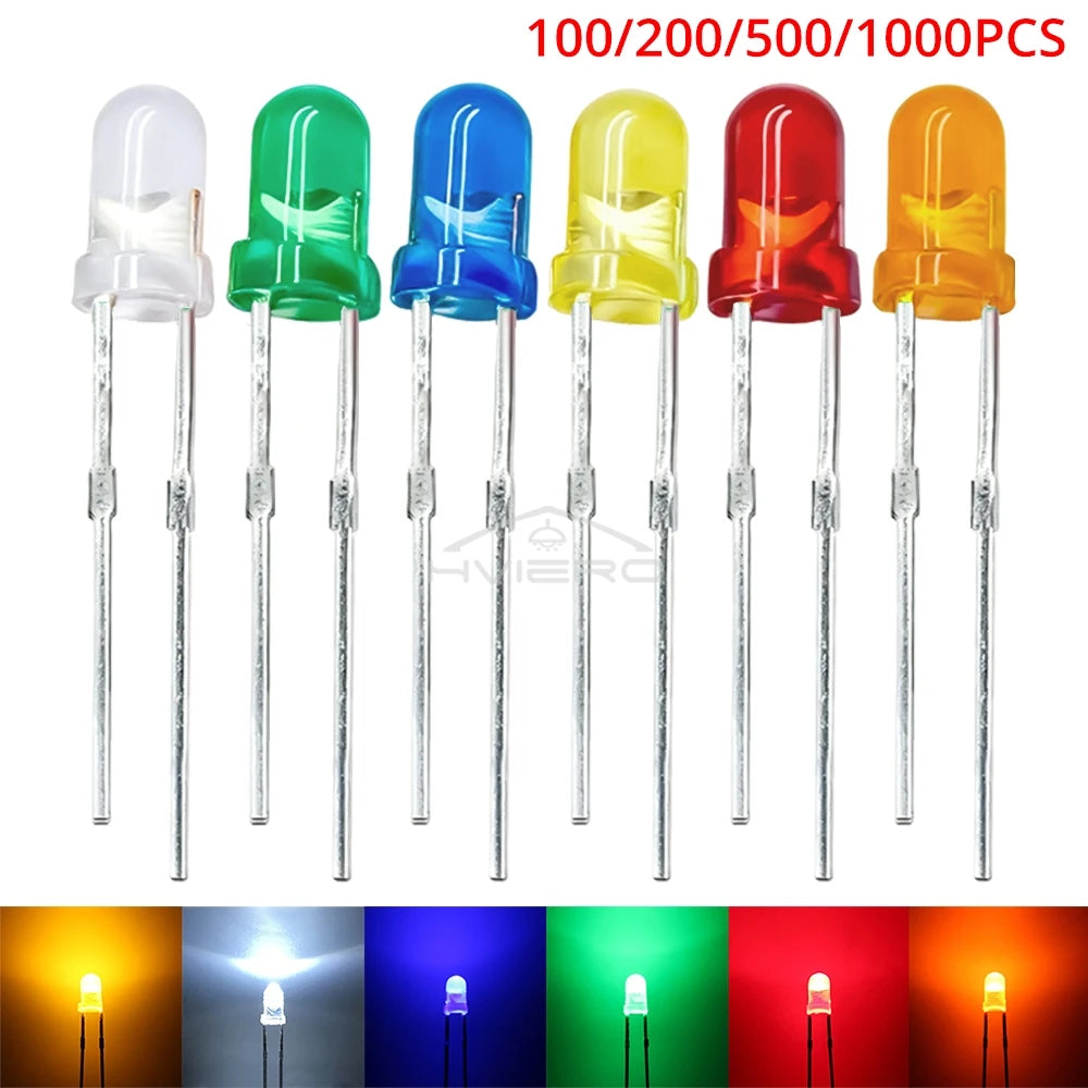 100-1000X 3mm Ball Bulb Led White Green Yellow Blue White Red Ultra Bright Light Emitting Diode Round Head with Edge Short Feet