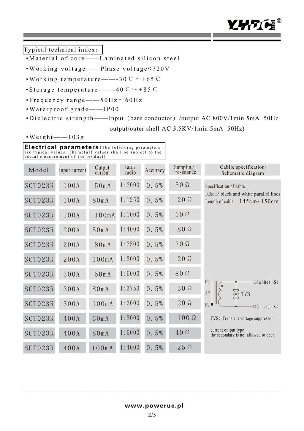 YHDC SCT023R Input 100A/200A/300A/400A Output 50mA/80mA/100mA  Accuracy 0.5% Split Core Current Transformer