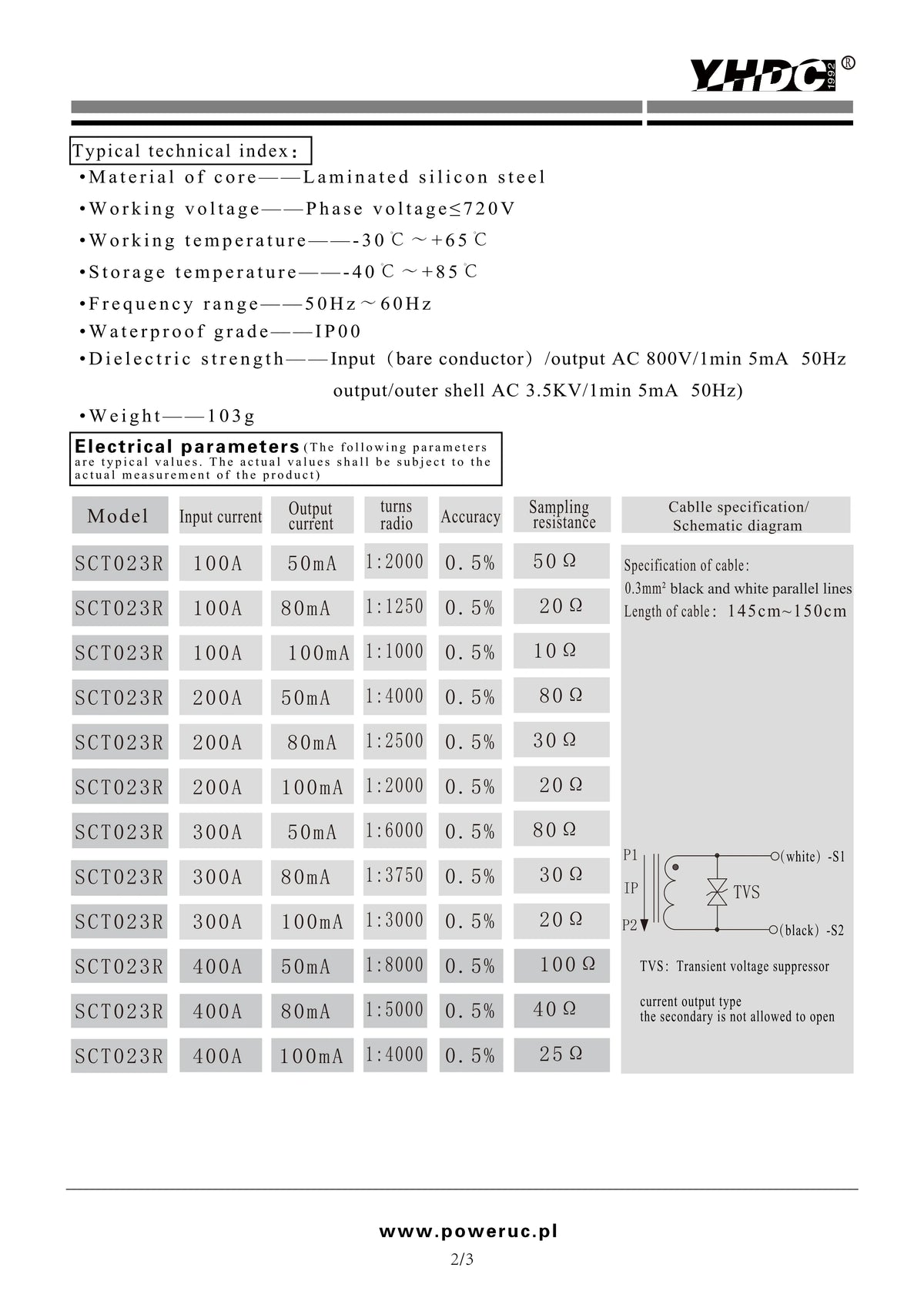 YHDC SCT023R Input 100A/200A/300A/400A Output 50mA/80mA/100mA  Accuracy 0.5% Split Core Current Transformer