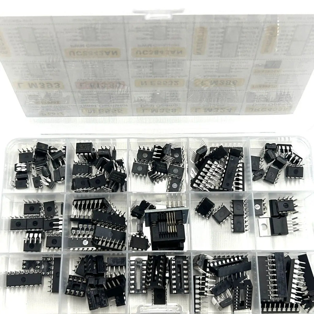 150Pcs Assorted IC Chip Kit Op-Amp Oscillator PC817 NE555 LM358 LM324 Transistor Array Electronic Components Set with Sockets