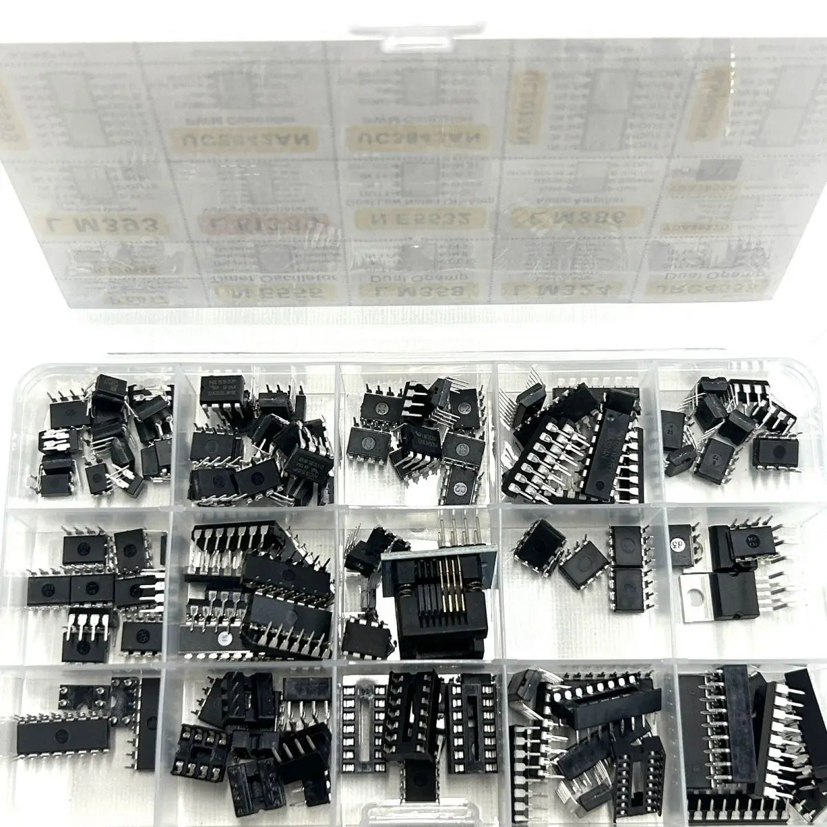 150Pcs Assorted IC Chip Kit Op-Amp Oscillator PC817 NE555 LM358 LM324 Transistor Array Electronic Components Set with Sockets