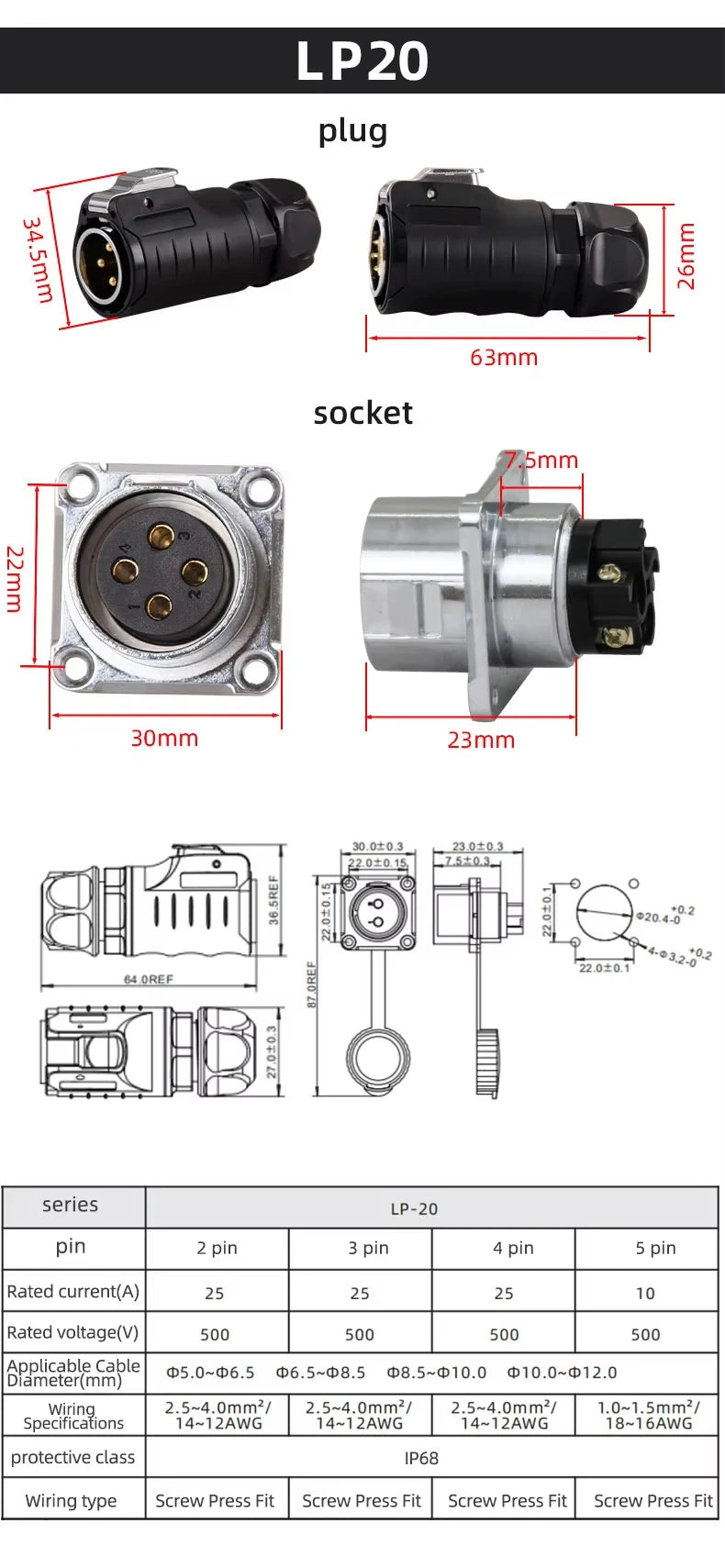 ZHQCN LP20 Waterproof IP68 Fireproof Convenient And Quick 2/3/4/5Pin Plug And Socket Aviation Connector Square Panel Mount