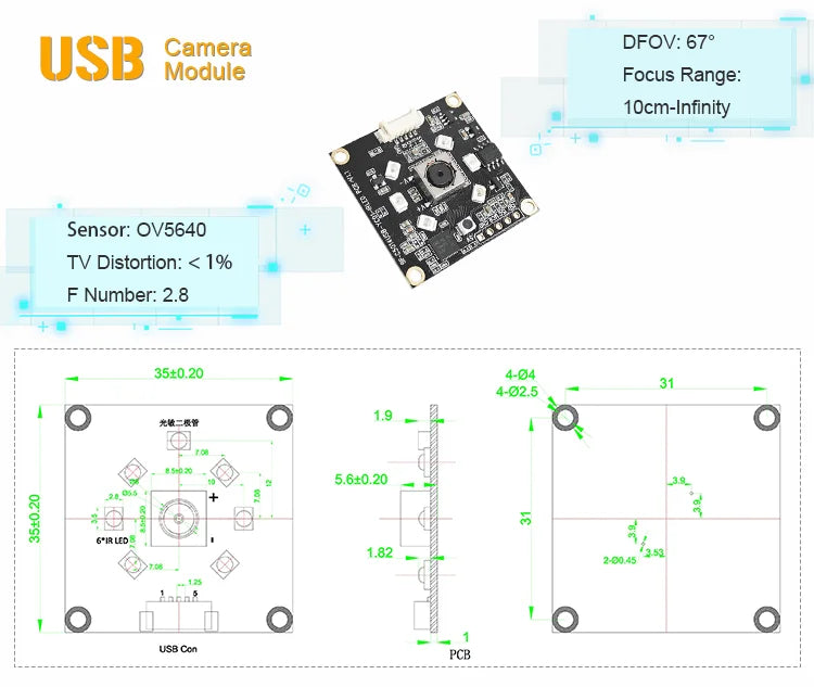 5MP 1080P 30fps Raspberry Pi OV5640 OV5648 Mini USB Camera Module with IR LED H.264 Video Compression CMOS Sensor