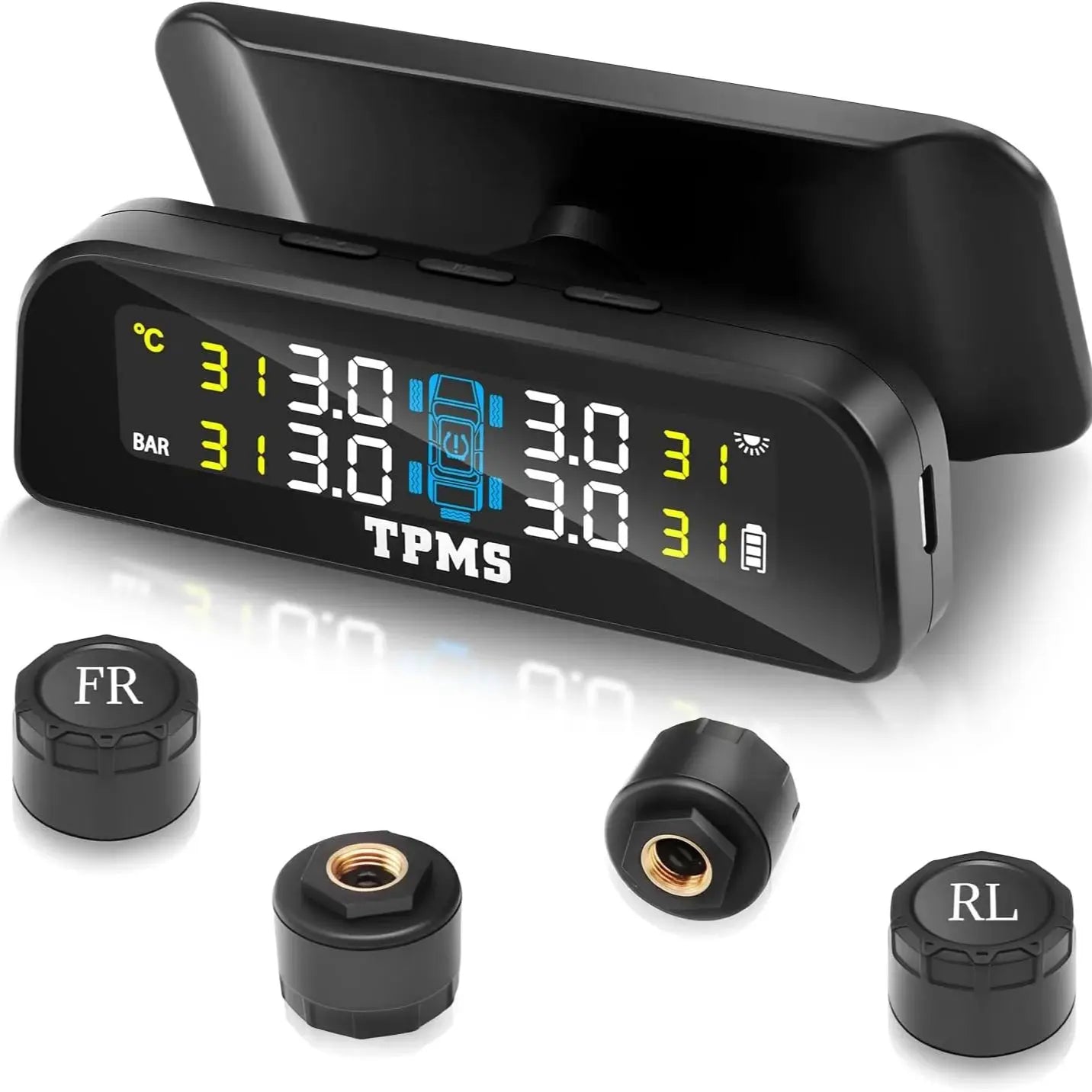 Tire Pressure Monitoring System with Solar Charge LCD Display Real TimeTPMS with 4 External Sensors For Car RV SUV MPV Truck