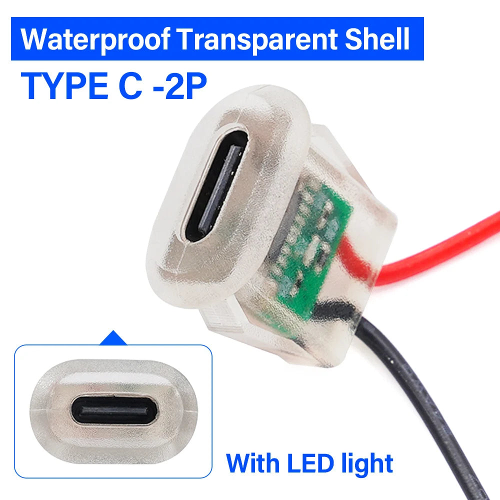 2pin USB Type C 5A Input Type Charging Socket With LED Lights Plate Waterproof USB-C Power Port TYPE-C Female Connector Jack