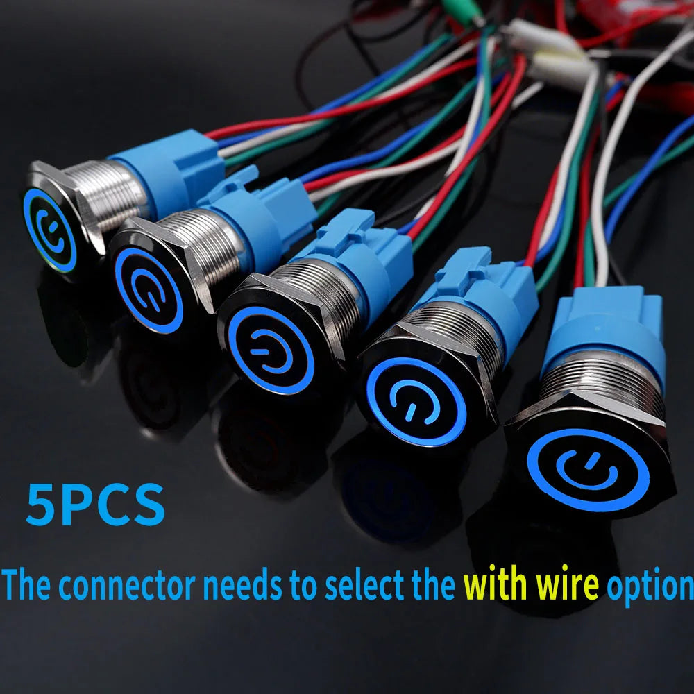 5PCS 16/19/22MM Waterproof Metal Push Button Switch LED Light Momentary Latching Car Engine Power Switch Socket 5V 12V 24V 220V