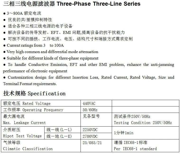 380V/440V/50A Three-phase Power EMI Filter AN-50C12GB/ET-50C12G3B