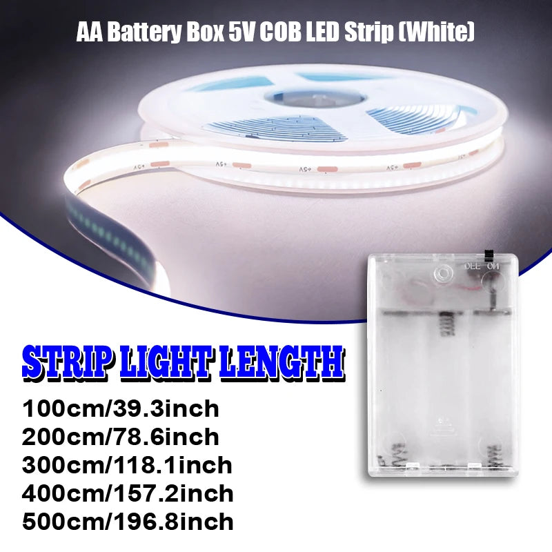 1 Roll of Cob Spotless Led Light Strip with Battery Box (Battery Not Included), Low Voltage 5V, Battery Box Powered (Battery Not Included), White Light/Warm Light/Neutral Light, Suitable for Space-Themed Decoration, Ca