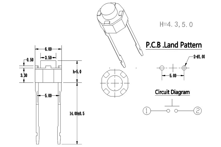 30pcs/lot,6x6mm H=5/4.3mm,Middle 2Pin DIP Long Pin,Mini Push Button Switch,PCB Mounting Momentary Tact Switch Button White Head