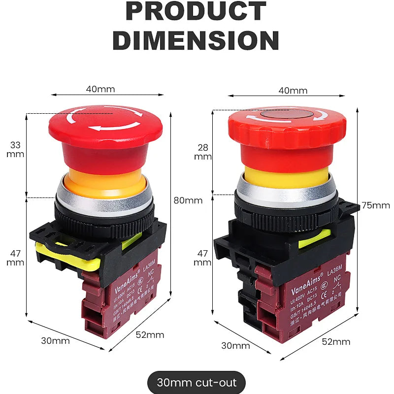30mm LA36M Plastic Mushroom E-stop Switch Emergency Stop Push Button Switch Latching Self Locked with Red LED Light 12v 24v 220v