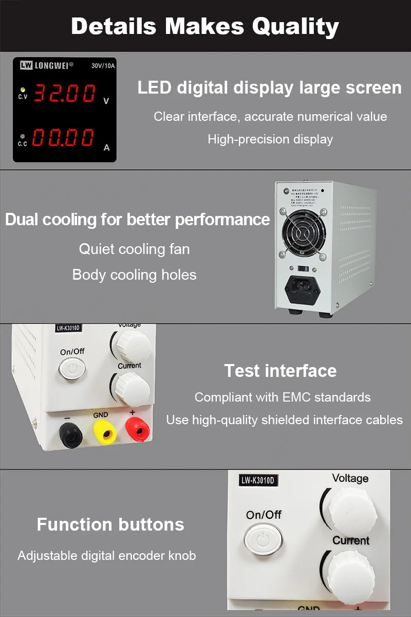 Longwei LW-K3010D 4LED Adjustable DC Power Supply 30V 10A Laboratory Variable Switch Bench Power Supply Stabilized Power Source