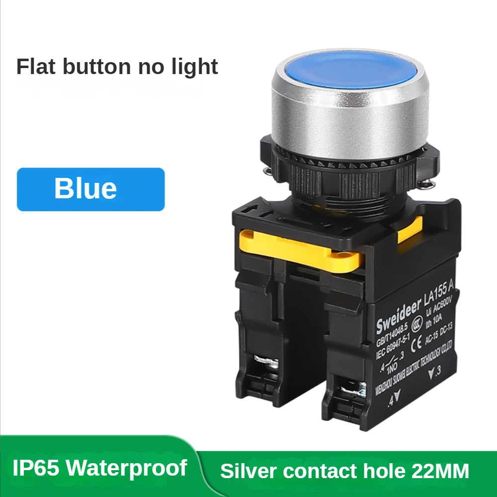 Waterproof Button Switch Momentary Self Reset Self Locking Flat Round Head 22mm Power Push Button Switch 10A 1NO 1NC Red Green
