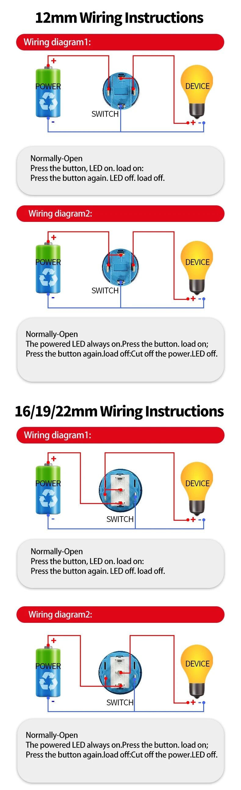 Metal Round Push Button Switch 12‑16‑19‑22mm, Momentary & Latching Power Control Button with LED Indicator for Electronic Projec