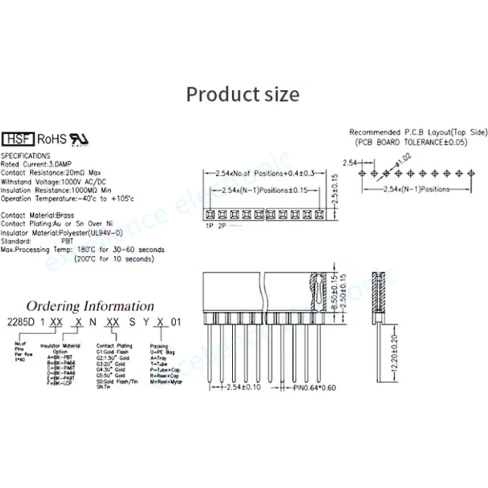 65PCS PC104 2.54 MM Pitch 4P 6P 8P 10P 40Pin Female Single Row 12.2MM Long Pin Header Strip Industrial Computer Connector Socket