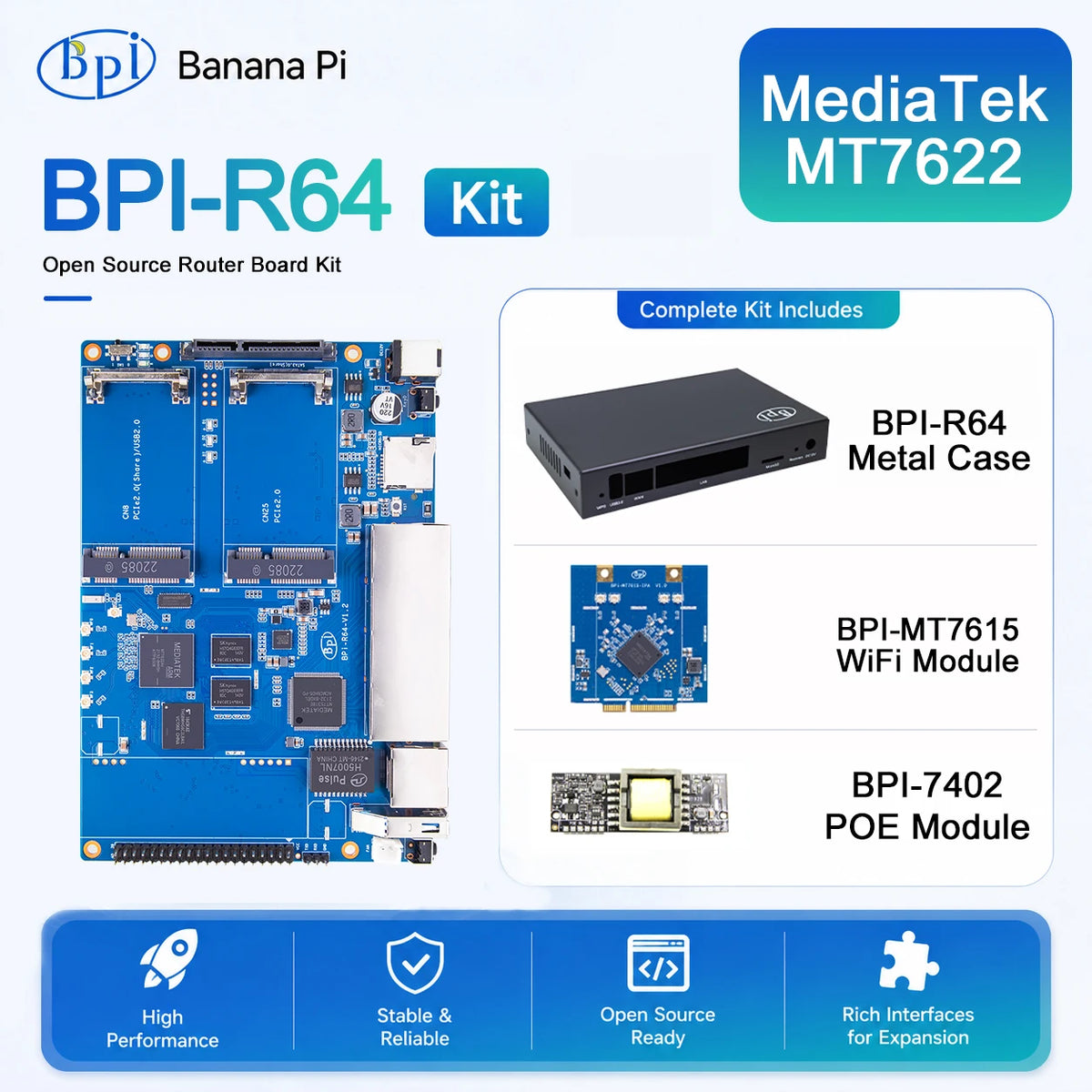 Banana PI BPI-R64 Set MT7615 Module MediaTek MT7622 8G eMMC flash 1G DDR3 Support POE 4G Module Raspberry Orange Pi