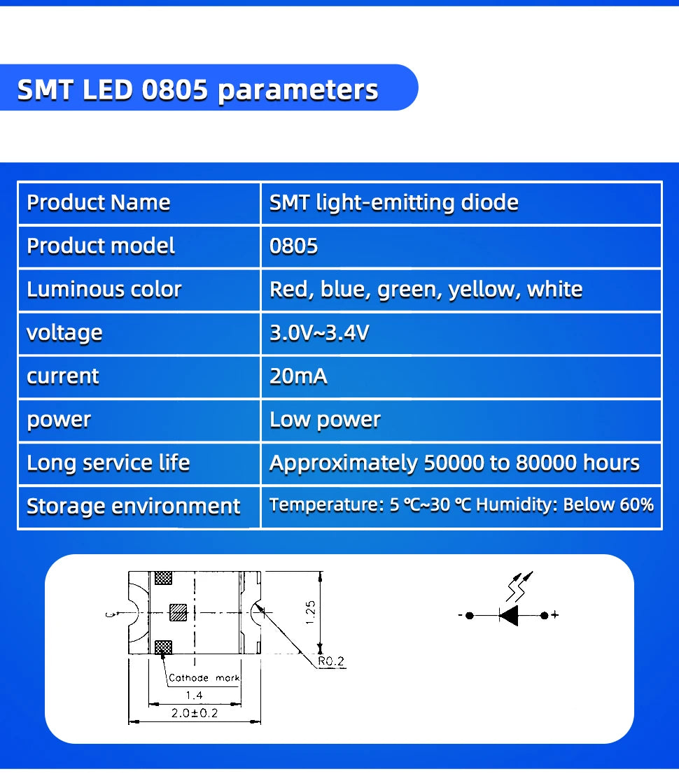 20pcs SMD LED 0402 0603 0805 1206 Red Yellow Blue Green and White Light High Brightness Lamp Bead Light-emitting Diode