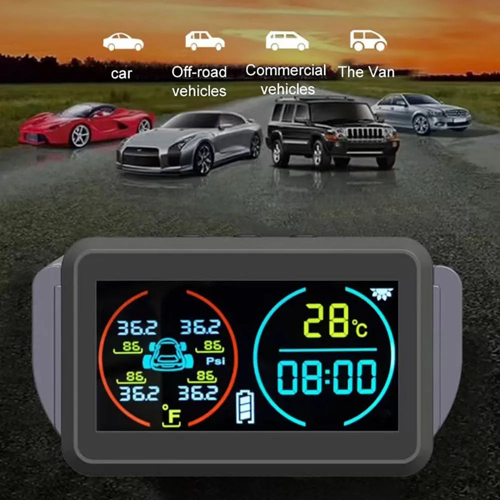 Smart Solar Power TPMS Car Tire Pressure Monitoring System Alarm Tyre Air Pressure Meter Gauge Temperature Warning 4 Sensors