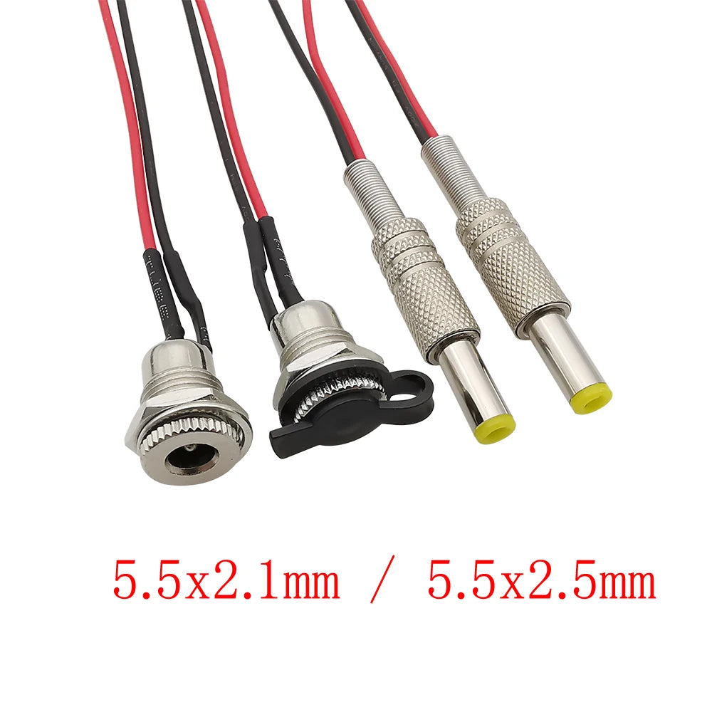 5.5 x 2.1mm 5.5 x 2.5mm DC Power Male Plug DC-099 DC Socket Threaded Panel Mount Female Connector Adapter With 20AWG Cable Wires